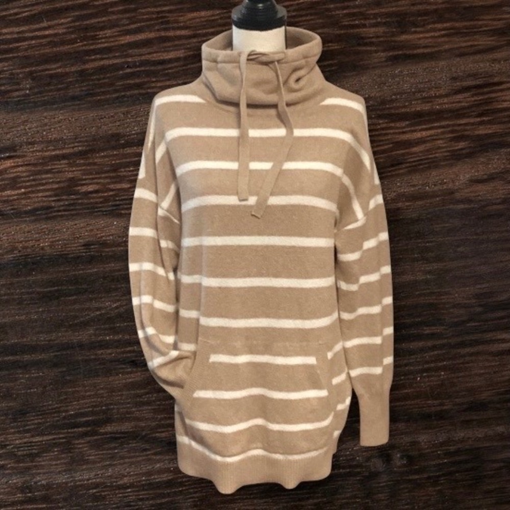 LOFT Womens Tan White Striped Funnel Neck Tunic Sweater Kangaroo Pocket Large